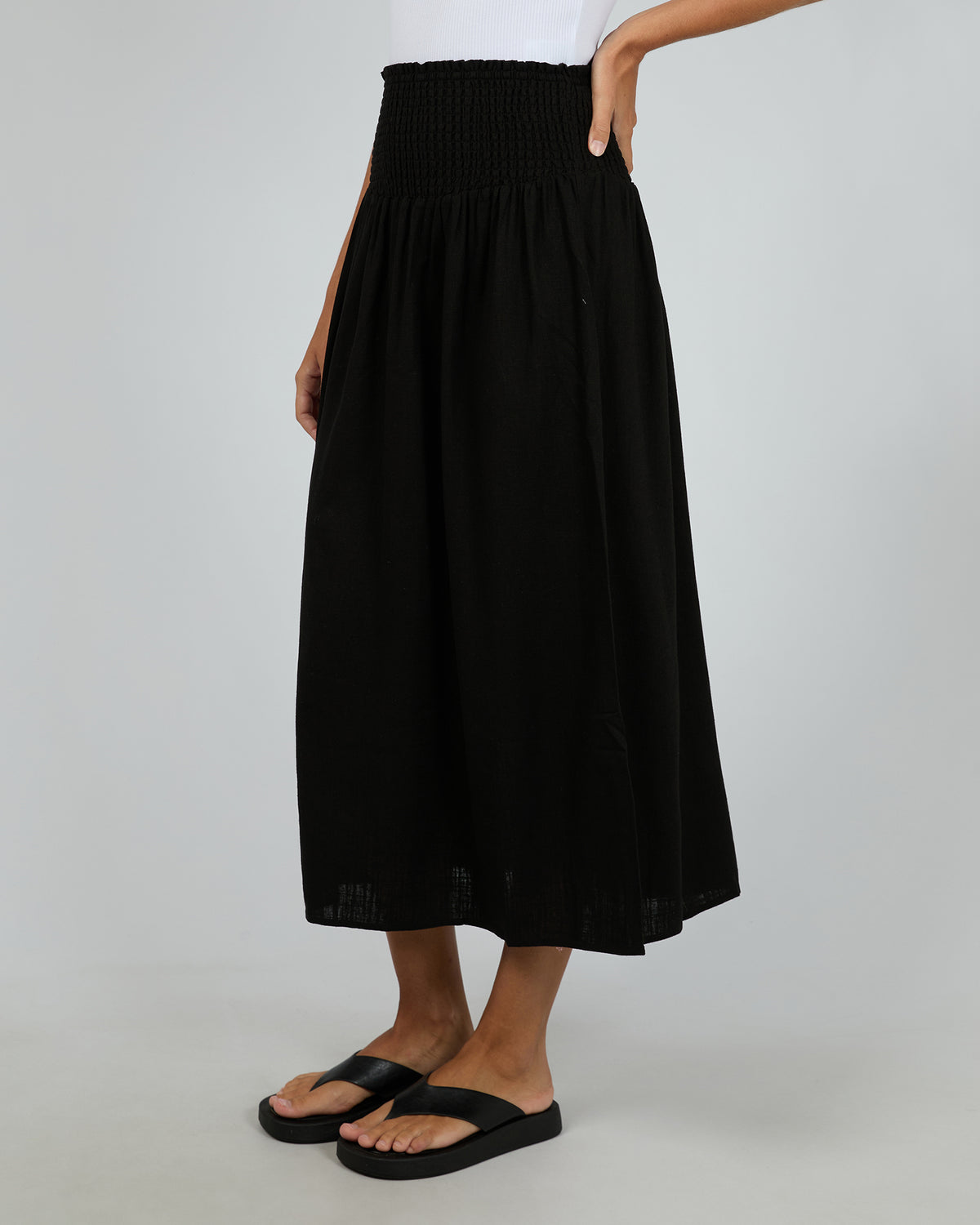 Luxe Linen Shirred Maxi Skirt Black