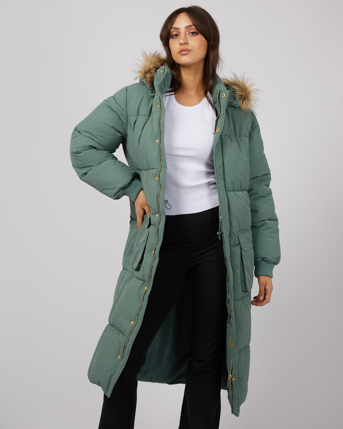 All About Eve-Active Fur Longline Puffer Green-Edge Clothing