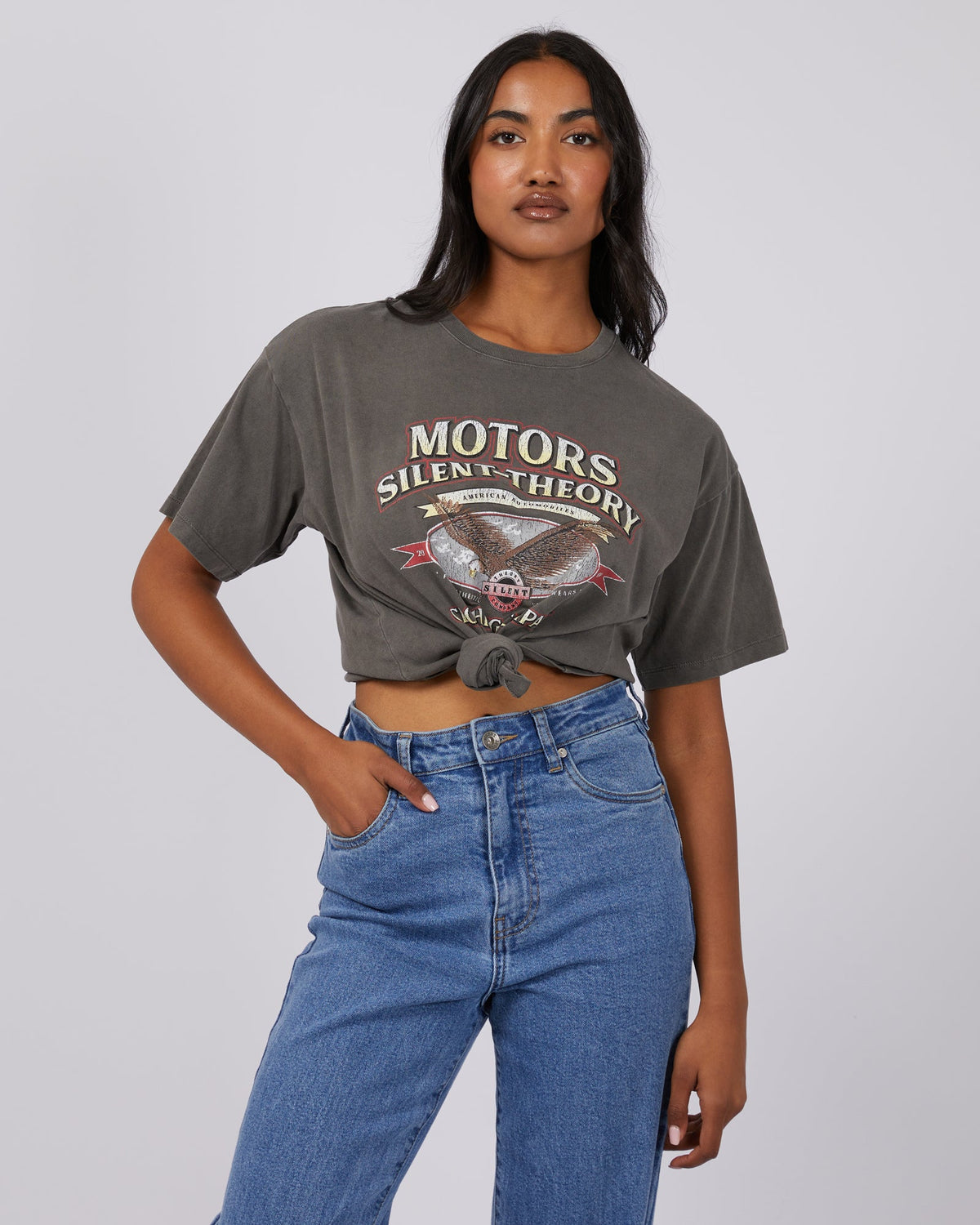 Silent Theory Ladies-Patriot Tie Tee Coal-Edge Clothing