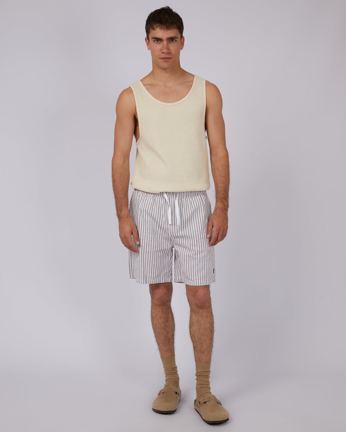 Silent Theory-Striped Linen Short Tan-Edge Clothing