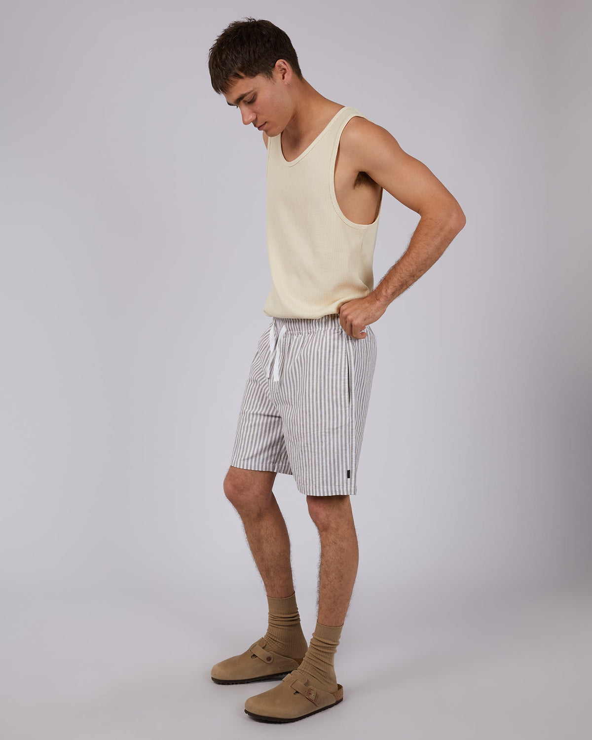 Silent Theory-Striped Linen Short Tan-Edge Clothing